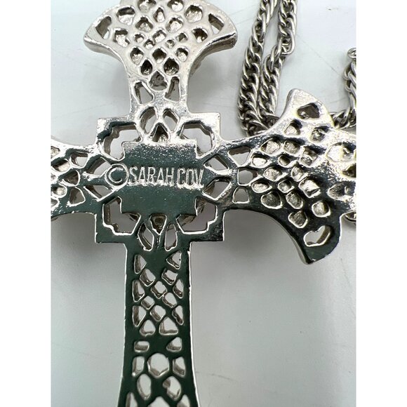 Sarah Coventry Crusaders Cross 24" Necklace Faux Pearls Purple Cabochon - Picture 4 of 5